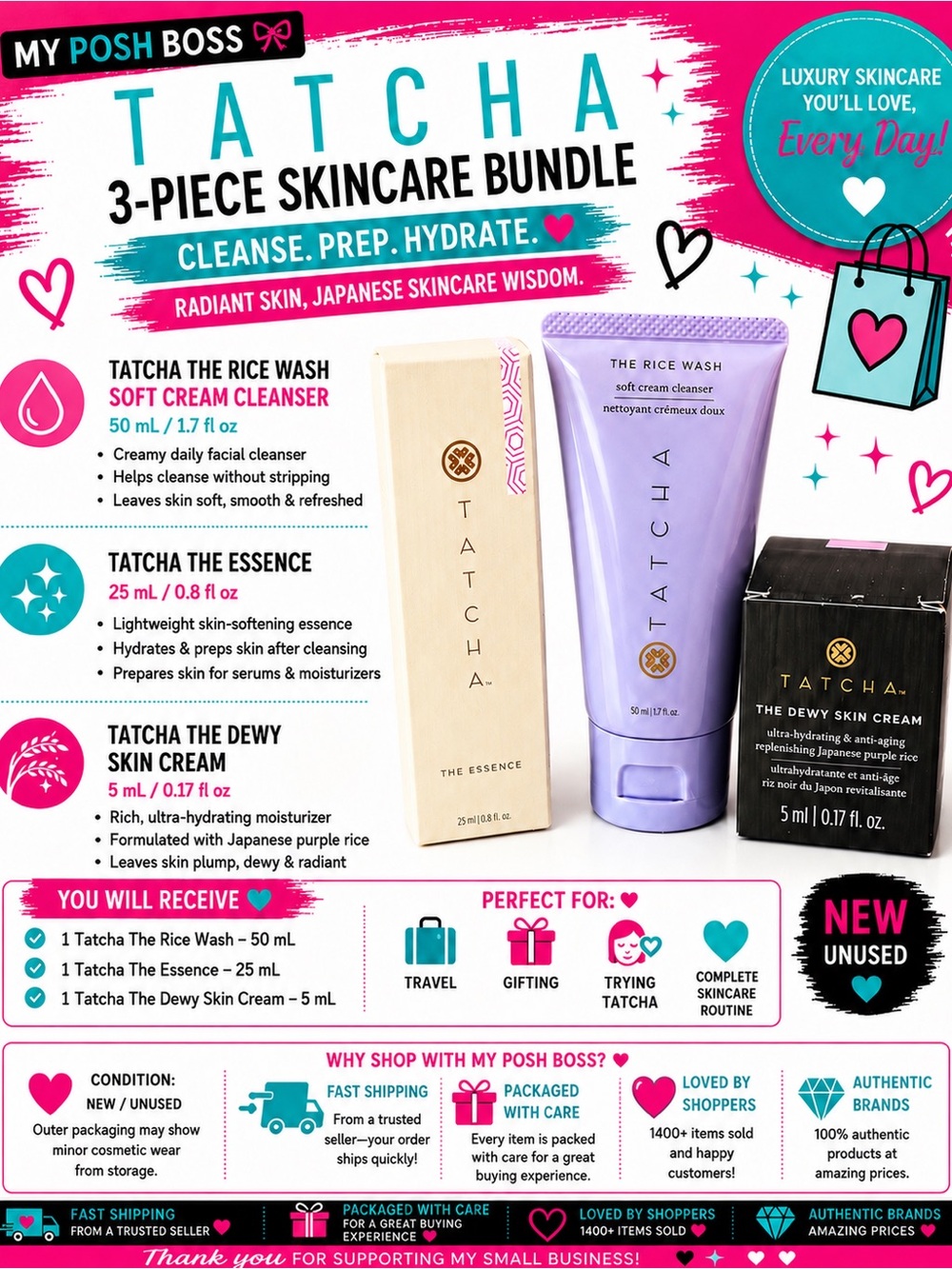 Tatcha 3-Piece Skincare Set Rice Wash Essence Dewy Skin Cream NEW